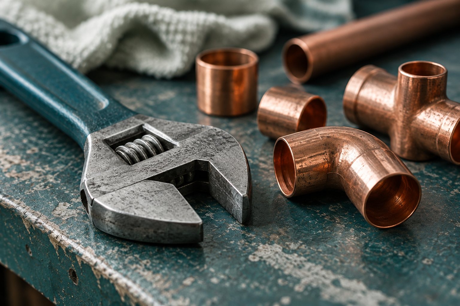 Outils et tuyauterie en cuivre posés sur un établi