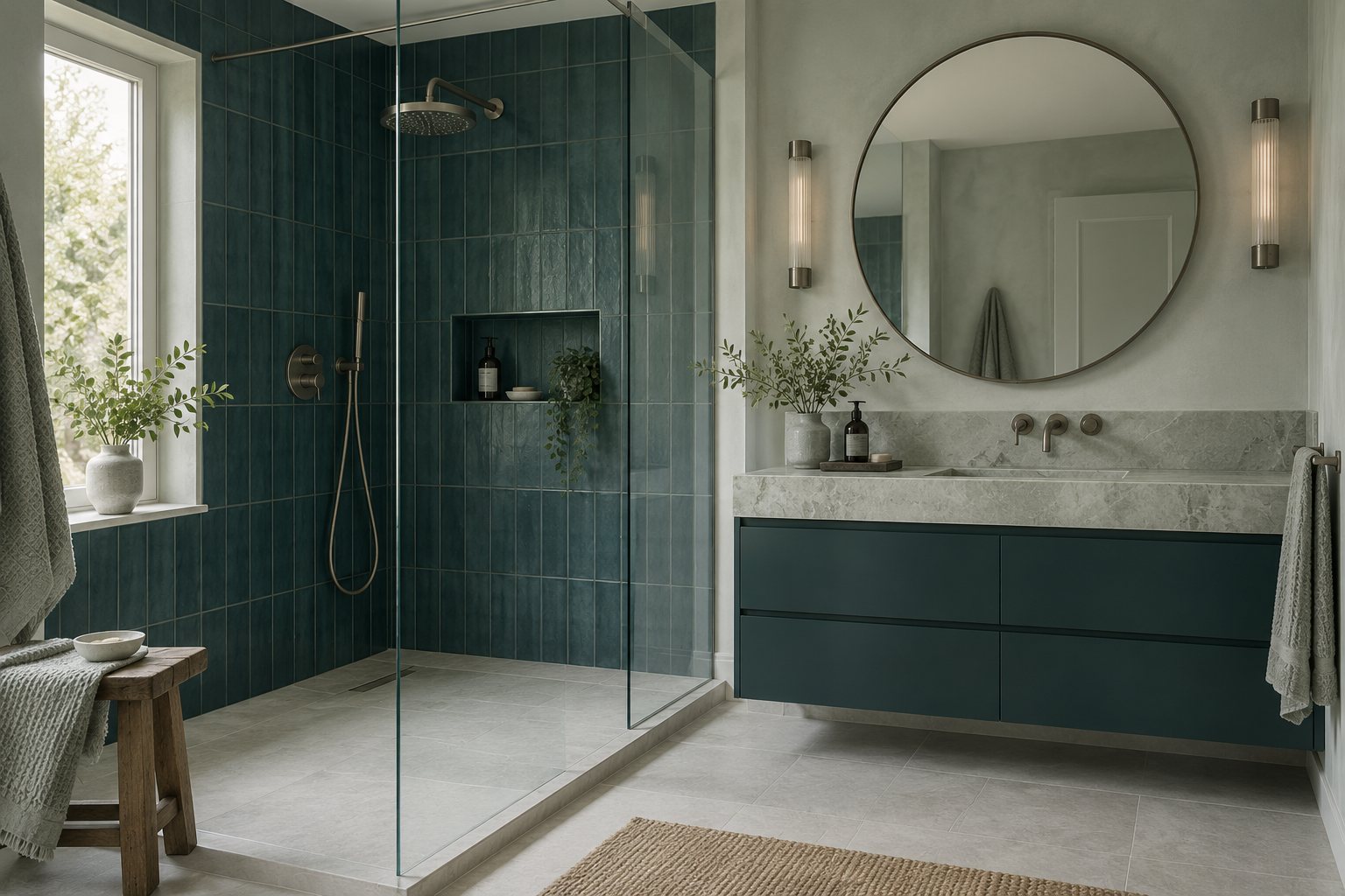 Salle de bains rénovée avec douche vitrée et vasque